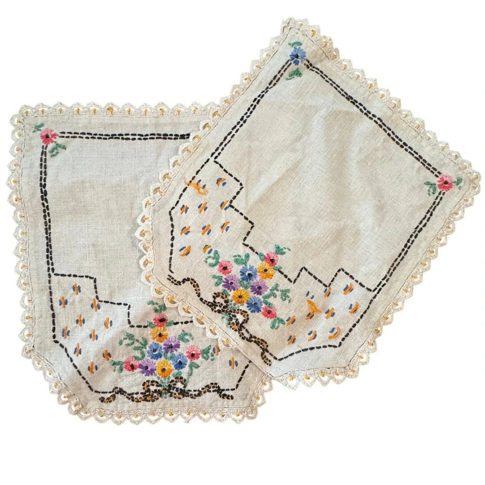 Vintage Lot 5 Hand Embroidered Table Linens Doilies Floral Needlework Lace
